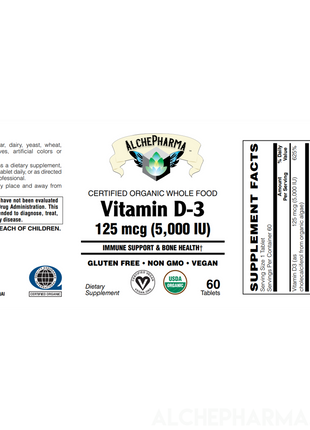 Vitamin D3 ( 5,000 IU - 125 mcg ) Whole Food Certified Organic, Chemically-identical to cholecalciferol of animal-origin - Vegan, Kosher, Halal-Vitamins & Supplements-AlchePharma
