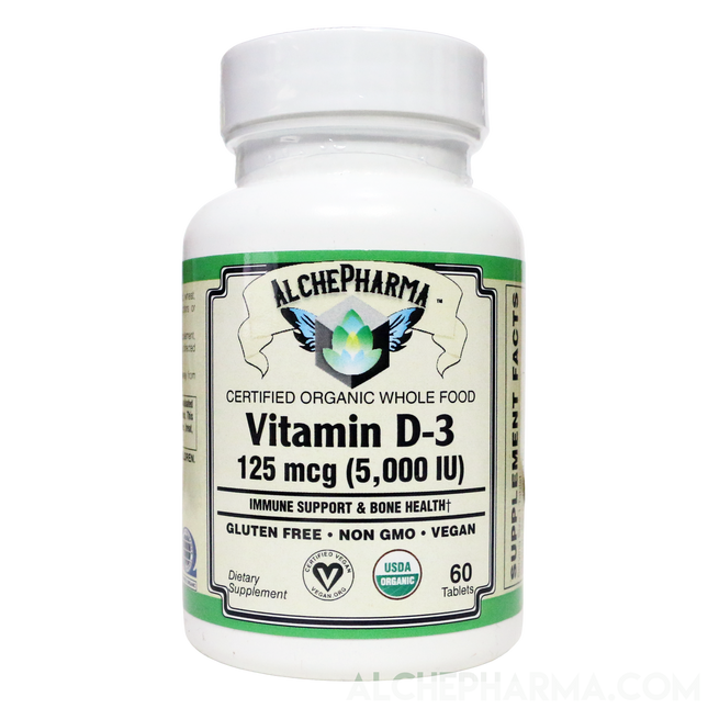 Vitamin D3 ( 5,000 IU - 125 mcg ) Whole Food Certified Organic, Chemically-identical to cholecalciferol of animal-origin - Vegan, Kosher, Halal-Vitamins & Supplements-AlchePharma