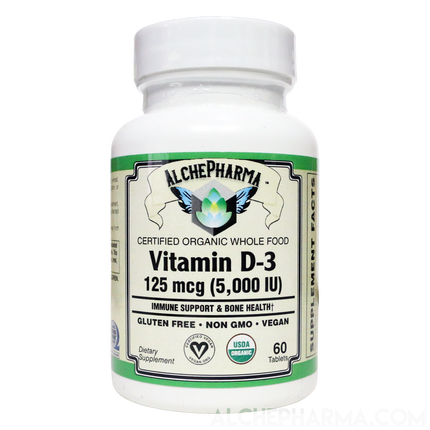 Vitamin D3 ( 5,000 IU - 125 mcg ) Whole Food Certified Organic, Chemically-identical to cholecalciferol of animal-origin - Vegan, Kosher, Halal-Vitamins & Supplements-AlchePharma