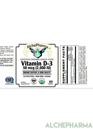 Vitamin D3 Certified ( 2,000 IU ) Organic from Algae, Chemically-identical to cholecalciferol of animal-origin - Vegan Society approved, Kosher, Halal certified-Vitamin-AlchePharma