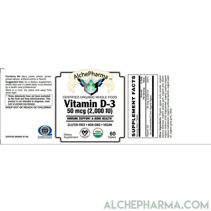 Vitamin D3 Certified ( 2,000 IU ) Organic from Algae, Chemically-identical to cholecalciferol of animal-origin - Vegan Society approved, Kosher, Halal certified-Vitamin-AlchePharma