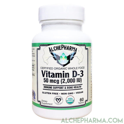 Vitamin D3 Certified ( 2,000 IU ) Organic from Algae, Chemically-identical to cholecalciferol of animal-origin - Vegan Society approved, Kosher, Halal certified-Vitamin-AlchePharma