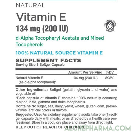 Vitamin E 134 mg (200 IU) 100% Natural Mixed Tocopherols D-Alpha form-Vitamins & Supplements-AlchePharma