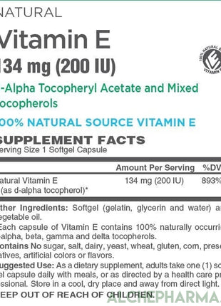 Vitamin E 134 mg (200 IU) 100% Natural Mixed Tocopherols D-Alpha form-Vitamins & Supplements-AlchePharma
