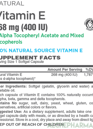 Vitamin E 268 mg (400 IU) 100% Natural Mixed Tocopherols D-Alpha form-AlchePharma