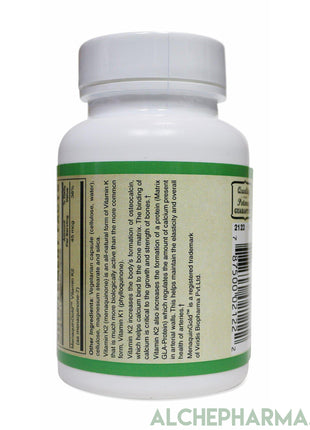 Vitamin K2- MenaquinGold™ (MK-7) Biologically Active, All Natural Source- 45mcg (60 Vcaps)-vitamins-AlchePharma